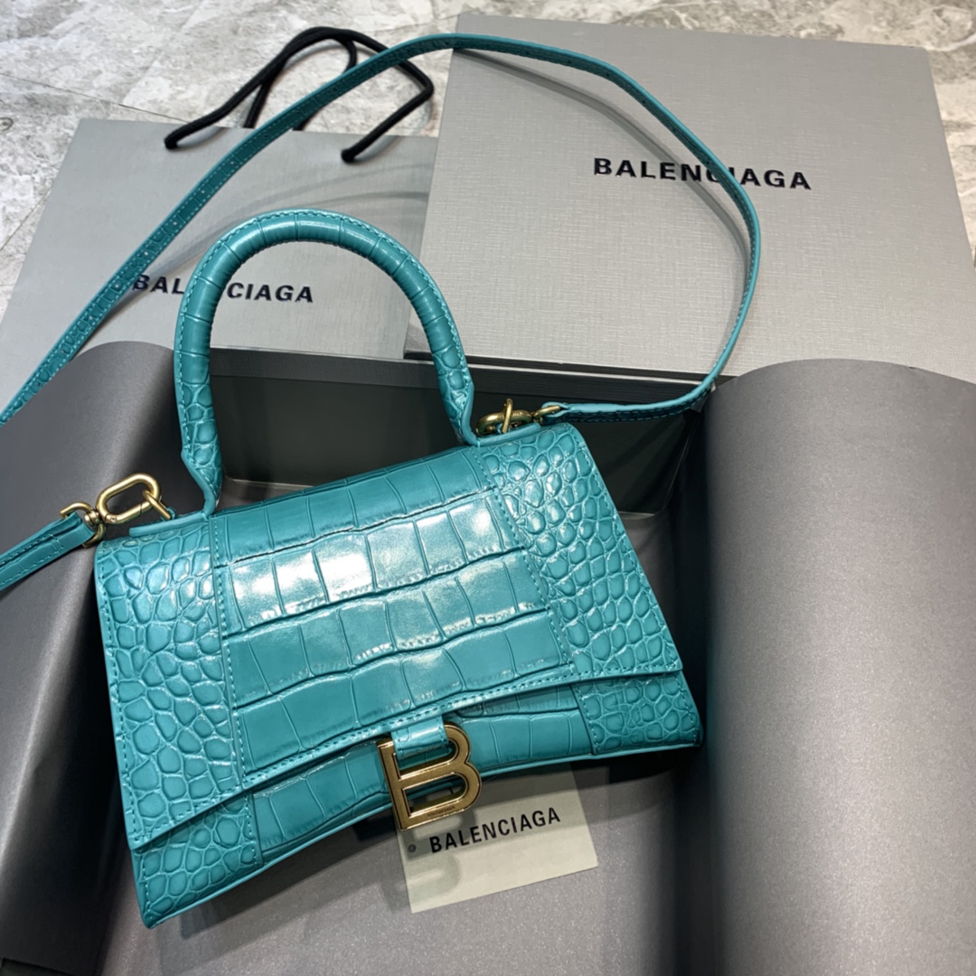 Balenciaga Hourglass Small Handbag Crocodile Embossed Shoulder Bag Green Blue